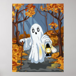 Spooky Ghost with Lantern in Autumn Forest ポスター