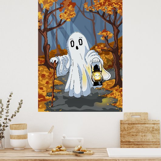 Spooky Ghost with Lantern in Autumn Forest ポスター (キッチン)