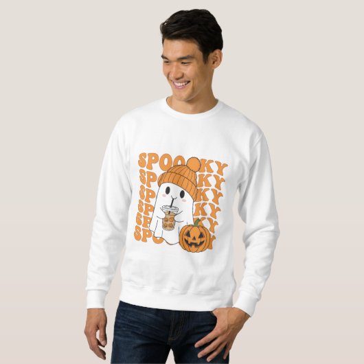  Spooky Ghost with Pumpkin Drink Halloween Tee スウェットシャツ (正面フル)