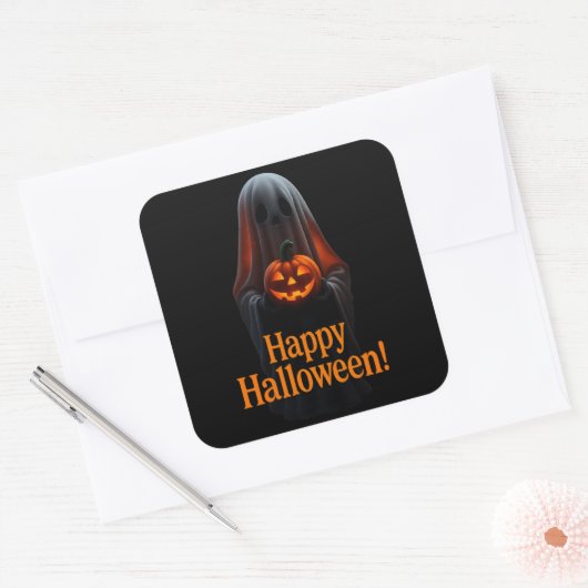 Spooky Ghost with Pumpkin – Happy Halloween  スクエアシール (封筒)