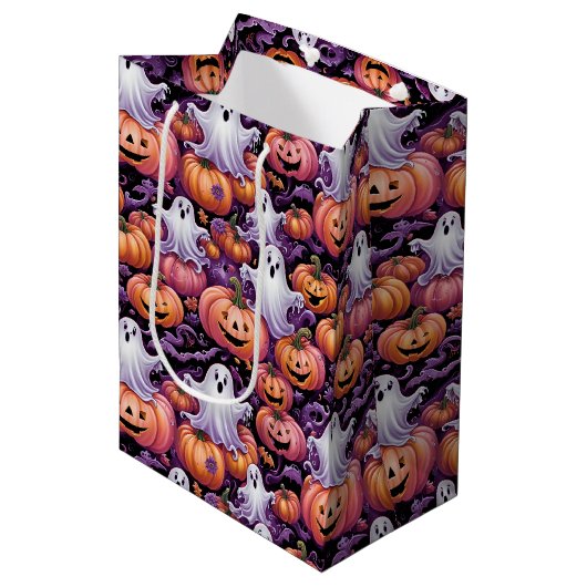 Spooky Ghosts and Pumpkins Halloween Pattern ミディアムペーパーバッグ (正面アングル)