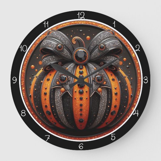 Spooky Glitter Bow Pumpkin ラージ壁時計 (正面)