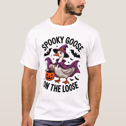 Spooky Goose on the Loose Witch Hat And Pumpkin Tシャツ (正面)