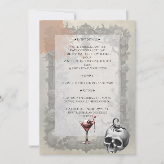 Spooky Gothic Skull Roses Costume Cocktail Party 招待状 (裏面)