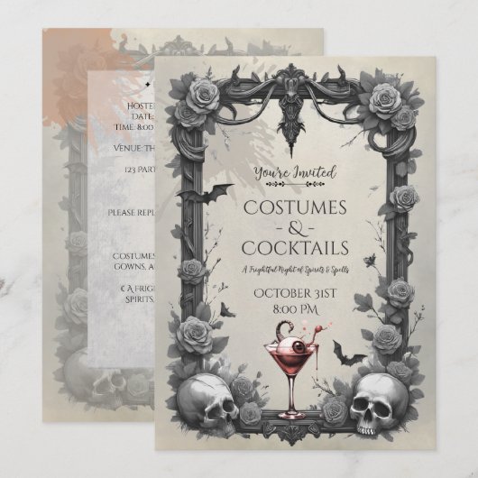 Spooky Gothic Skull Roses Costume Cocktail Party 招待状 (正面/裏面)