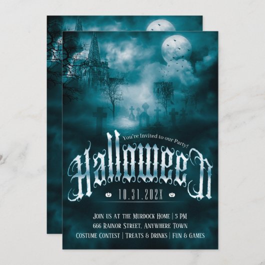 Spooky Graveyard Gothic Dark Halloween 招待状 (正面/裏面)