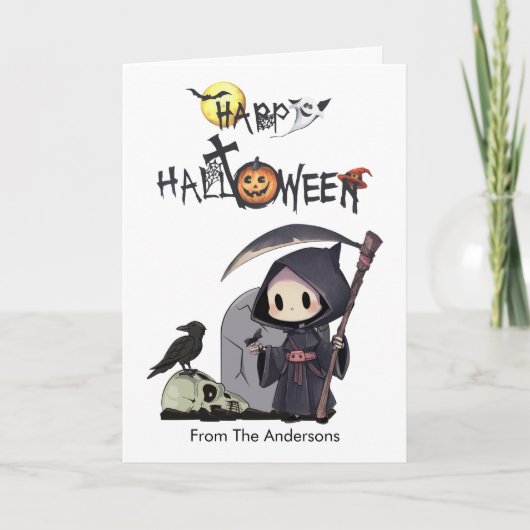 Spooky Grim Reaper Graveyard Crow Gothic Halloween カード (正面)