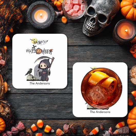 Spooky Grim Reaper Graveyard Gothic Kids Halloween スクエアペーパーコースター