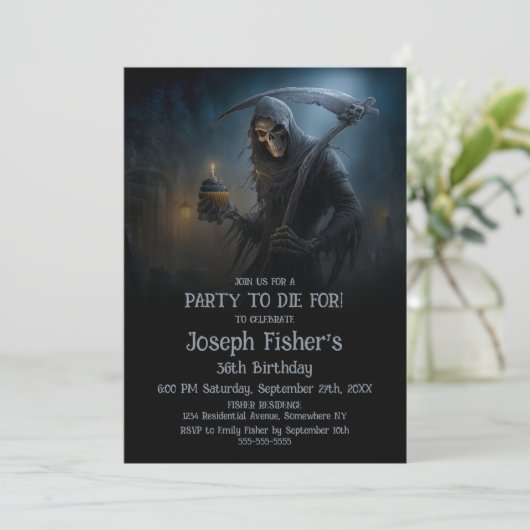 Spooky Grim Reaper with Cupcake Birthday Party 招待状 (スタンド正面)