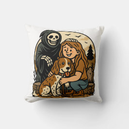 Spooky Grim Reaper with Girl and Dog Skeleton Art  クッション