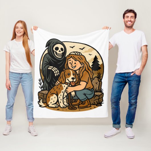 Spooky Grim Reaper with Girl and Dog Skeleton Art フリースブランケット (インサイチュ)