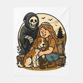 Spooky Grim Reaper with Girl and Dog Skeleton Art  フリースブランケット