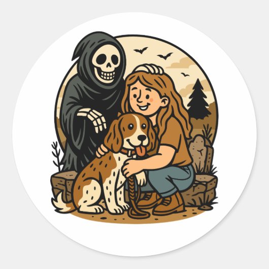 Spooky Grim Reaper with Girl and Dog Skeleton Art  ラウンドシール (正面)