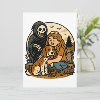 Spooky Grim Reaper with Girl and Dog Skeleton Art  招待状