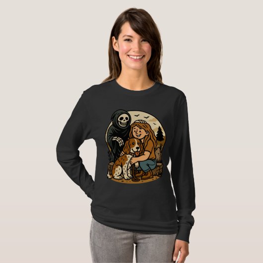 Spooky Grim Reaper with Girl and Dog Skeleton Art  Tシャツ (正面フル)