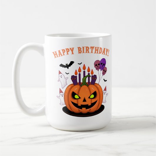 Spooky Halloween B-day Pumpkin Cake & Ghosts コーヒーマグカップ (左)