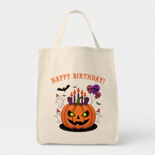 Spooky Halloween B-day Pumpkin Cake & Ghosts トートバッグ (正面)