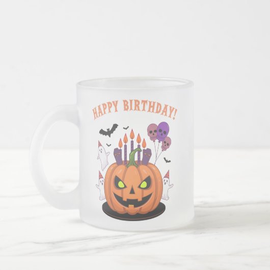 Spooky Halloween B-day Pumpkin Cake & Ghosts フロストグラスマグカップ (左)