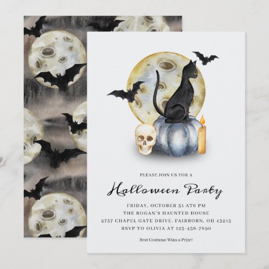 Spooky Halloween Cat Pumpkin Party 招待状 (正面/裏面)