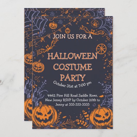 Spooky Halloween Costume Party Fun Pumpkin & Bat  招待状 (正面/裏面)