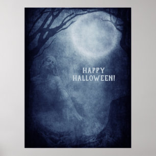 Spooky Halloween Ghost Full Moon at Night ポスター