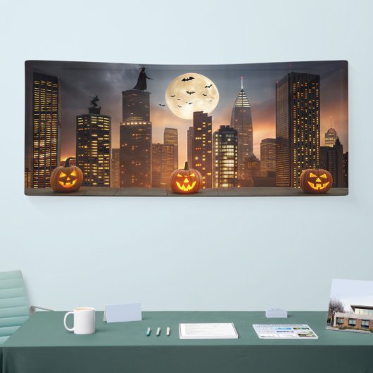 Spooky Halloween Night Cityscape with Pumpkin 横断幕 (トレードショー)