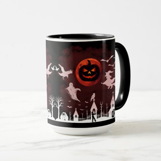 Spooky Halloween Night Full Moon Pumpkin Scene マグカップ (正面右)