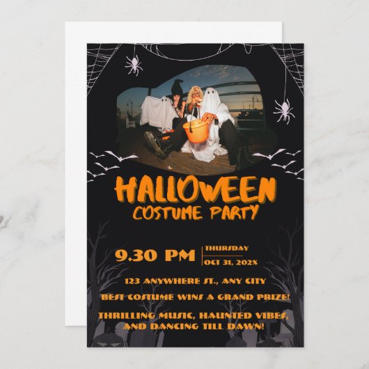 Spooky Halloween Party Invitation – Ghosts & Bats 招待状 (正面/裏面)