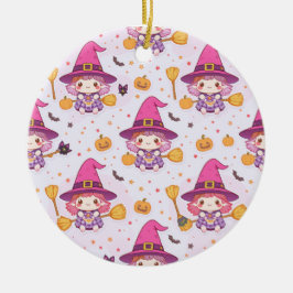Spooky Halloween Pattern with Pumpkins and witch  セラミックオーナメント