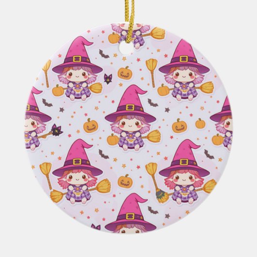 Spooky Halloween Pattern with Pumpkins and witch  セラミックオーナメント (正面)