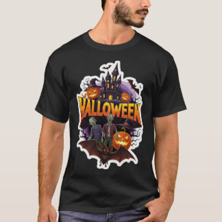Spooky Halloween scene with zombies castle and pum Tシャツ