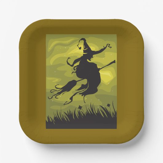 Spooky Halloween Witch Flying on Broomstick ペーパープレート (正面)