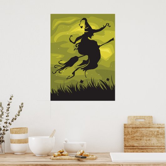 Spooky Halloween Witch Flying on Broomstick ポスター (キッチン)