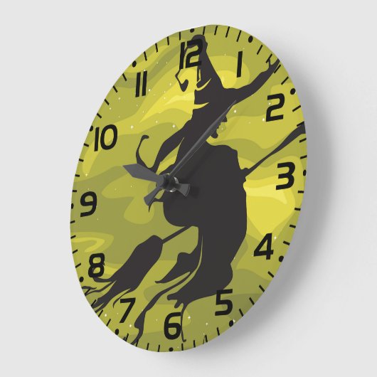 Spooky Halloween Witch Flying on Broomstick ラージ壁時計 (傾斜)