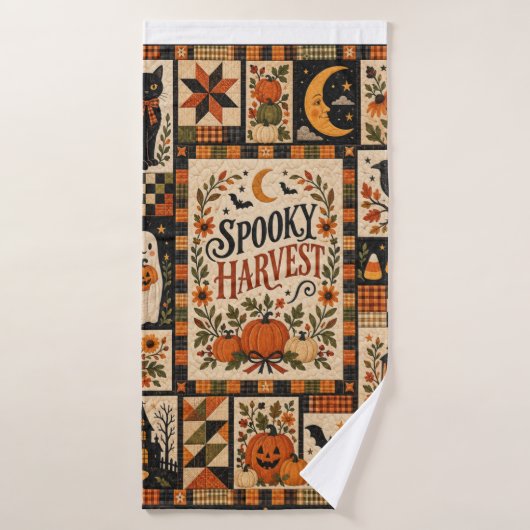 Spooky Harvest Vintage Halloween Patchwork バスタオル (バスタオル)