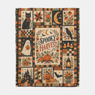 Spooky Harvest Vintage Halloween Patchwork フリースブランケット