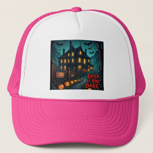 Spooky Haunted House & Bats Halloween Trucker Hat キャップ (正面)