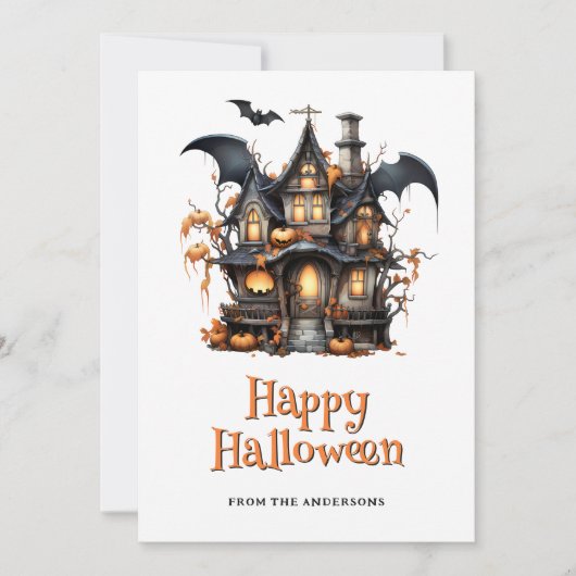 Spooky House Pumpkins Bat Ghost Halloween Card シーズンカード (正面)