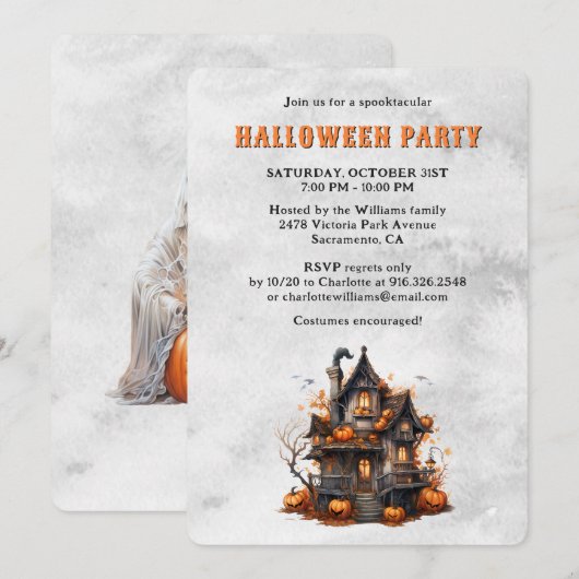 Spooky House Pumpkins Ghost Halloween Party 招待状 (正面/裏面)