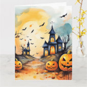 Spooky Jack O’Lanterns Bats Ghost Halloween カード (黄色い花)