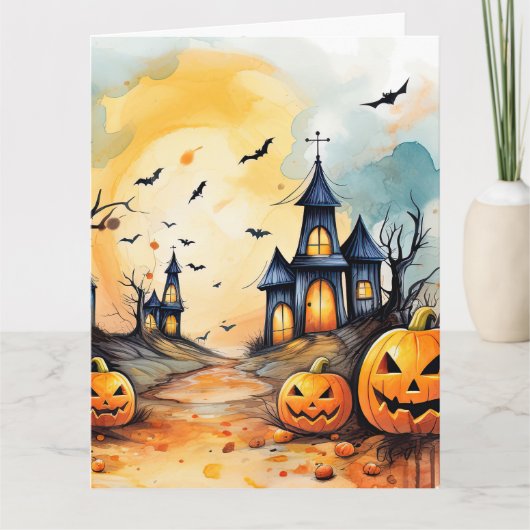 Spooky Jack O’Lanterns Bats Ghost Halloween カード (正面)