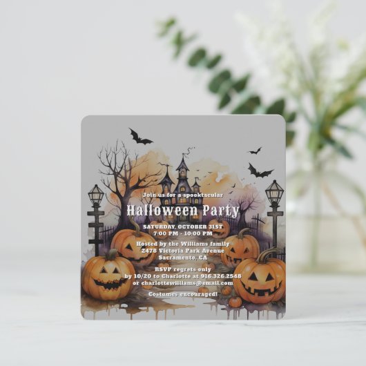 Spooky Jack O’Lanterns Bats Halloween Party 招待状 (スタンド正面)