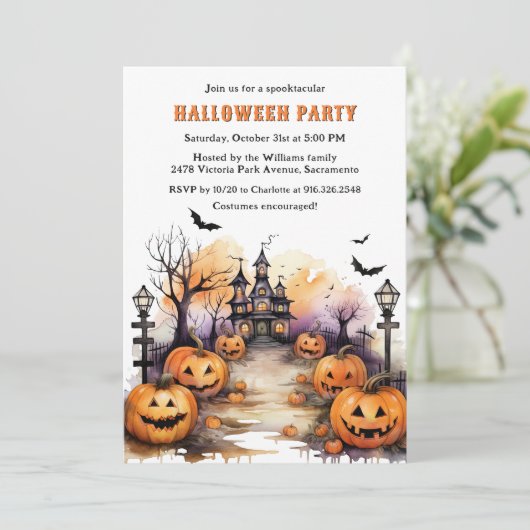 Spooky Jack O’Lanterns Bats Witch Halloween Party 招待状 (スタンド正面)