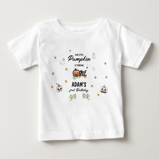 Spooky Little Pumpkin First Birthday ベビーTシャツ (正面)