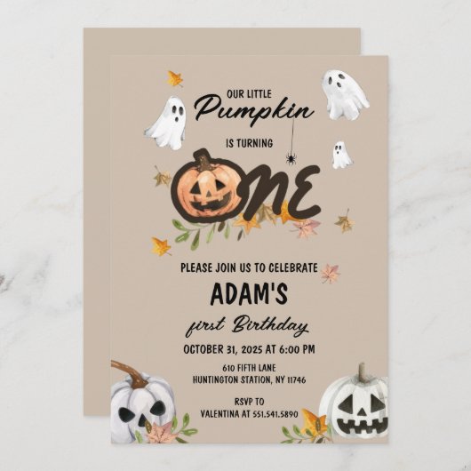 Spooky Little Pumpkin First Birthday Invitation 招待状 (正面/裏面)