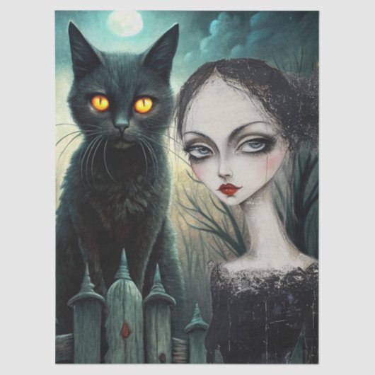 Spooky Moonlit Black Cat Halloween Decoupage 薄葉紙 (正面)