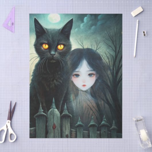 Spooky Moonlit Black Cat Halloween Decoupage 薄葉紙 (クラフト)