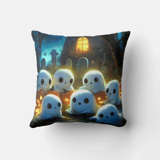 Spooky Night Cemetery Cute Halloween Ghost クッション (裏面)