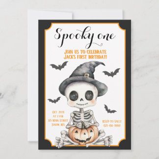 Spooky One | かわいいスケルトンのハロウィン1歳の誕生日 招待状