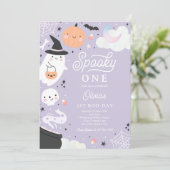 spooky One ハロウィン ピンクゴースト 1歳の誕生日パーティー 招待状 (スタンド正面)
